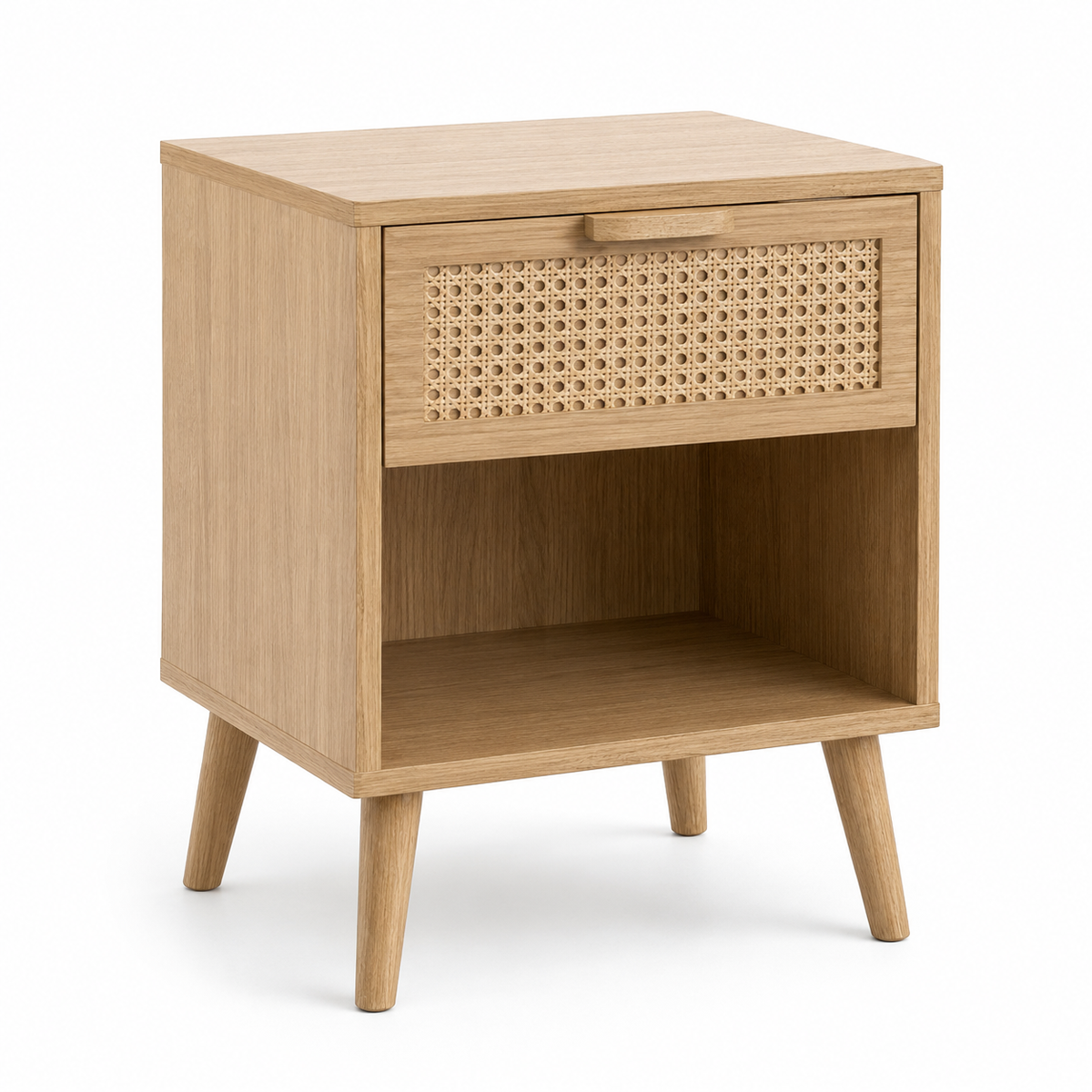 Table de chevet bohème en cannage et effet chêne clair 45x38x56 cm