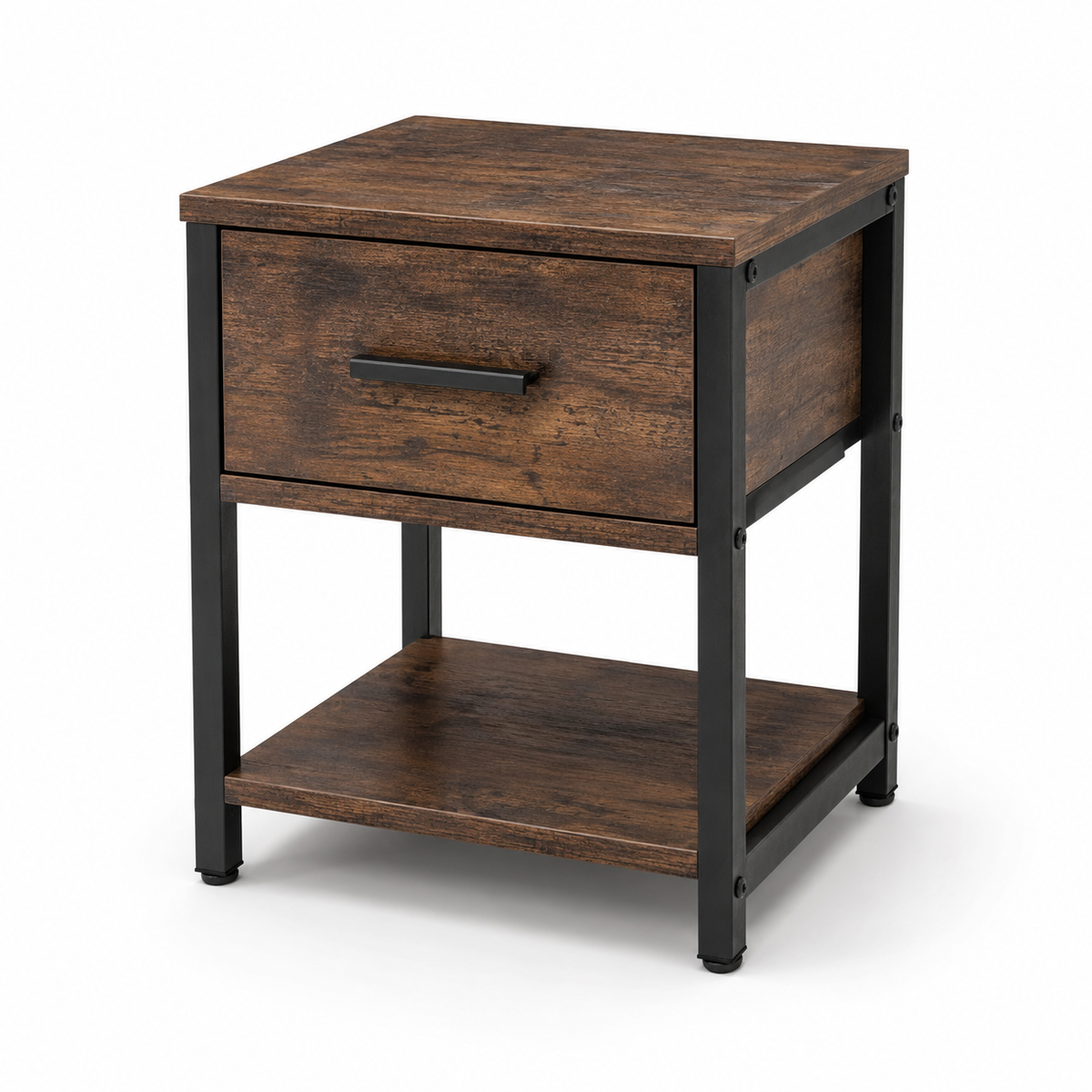 Table de chevet industrielle effet bois brun et métal noir 43x35x52 cm