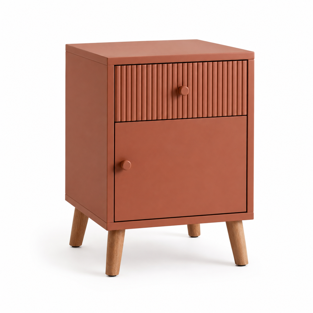 Table de chevet design coloris terracotta avec façade cannelée 45x40x55 cm