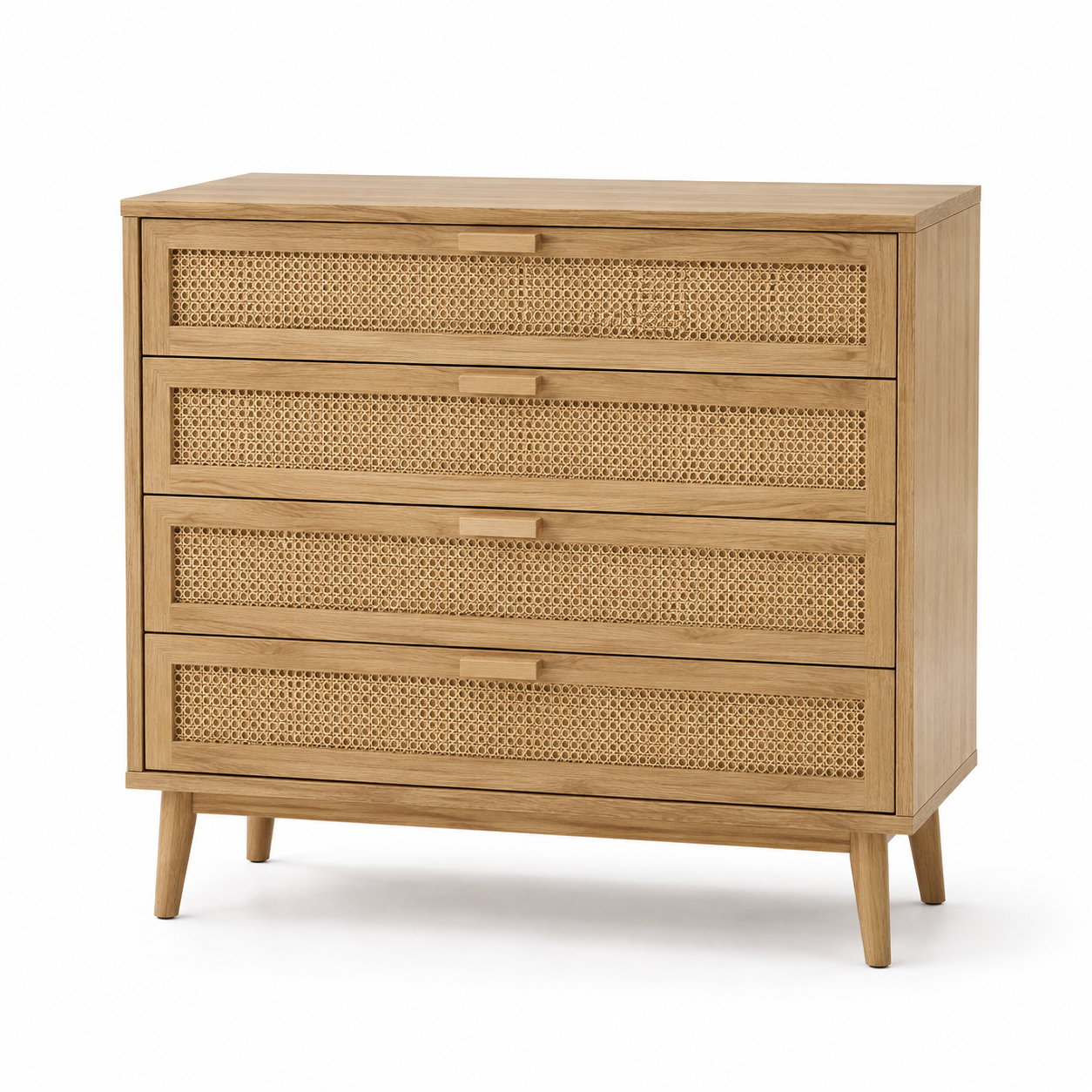 Commode bohème effet chêne naturel et cannage à quatre tiroirs 110x43x86 cm