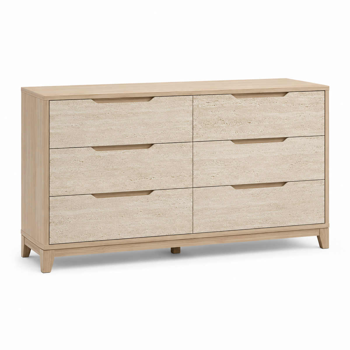 Commode effet travertin et bois clair à six tiroirs 130x45x80 cm