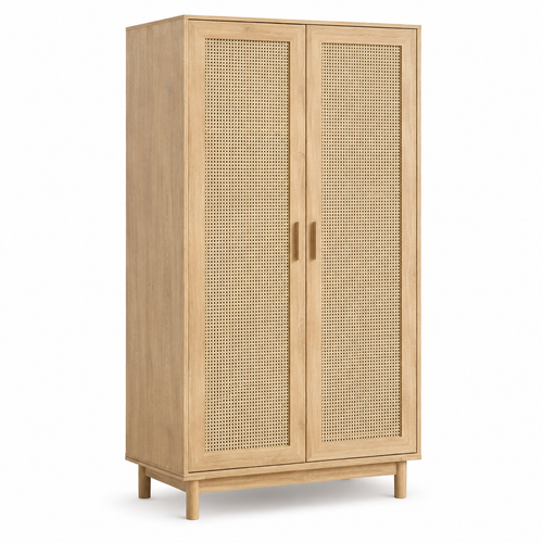 Armoire bohème effet chêne clair et cannage à deux portes 115x55x192 cm