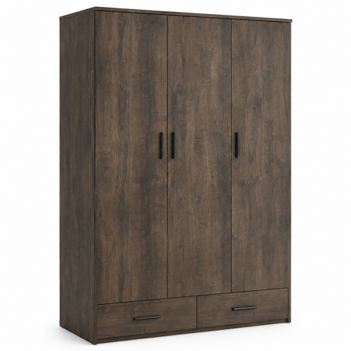 Armoire à trois portes effet chêne fumé avec tiroirs 150x58x205 cm