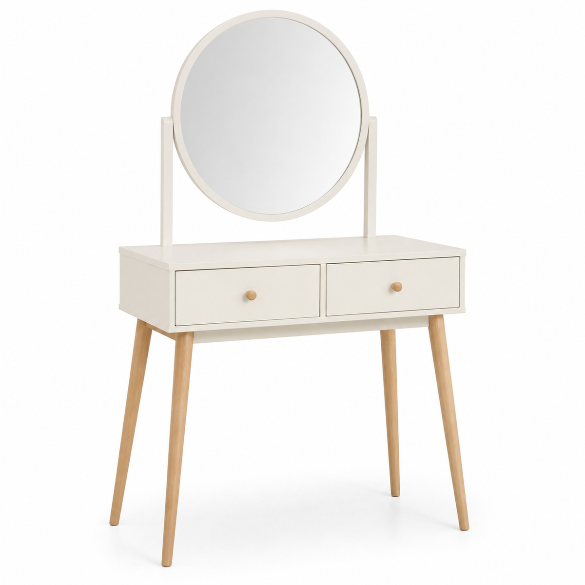 Coiffeuse scandinave coloris blanc cassé avec miroir rond 90x45x135 cm