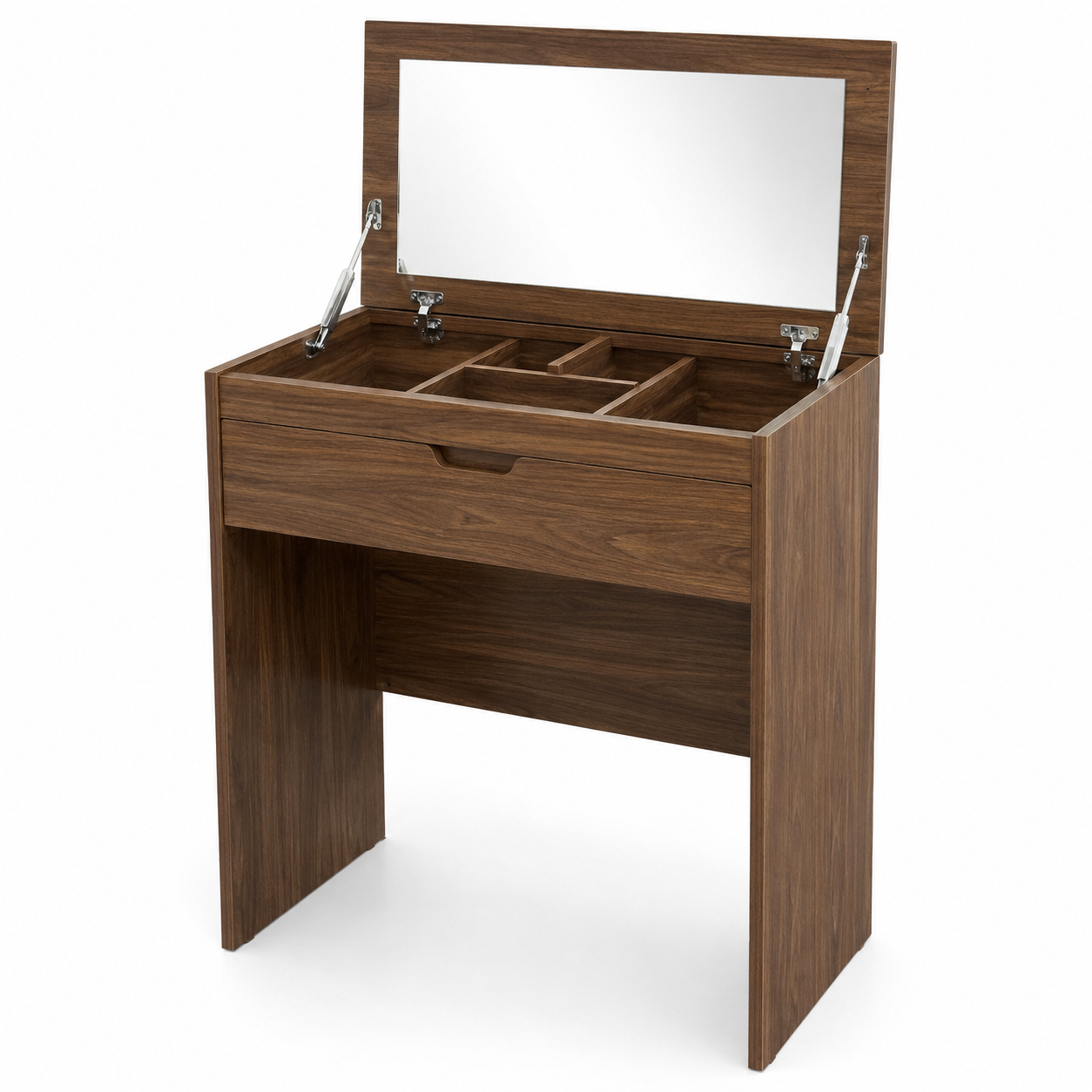 Coiffeuse compacte effet noyer avec abattant miroir 80x42x76 cm